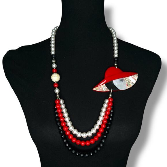 Vintage Lee Sands Lady in Red Hat Necklace Art Deco MOP Inlay 1980s - Picture 1 of 9
